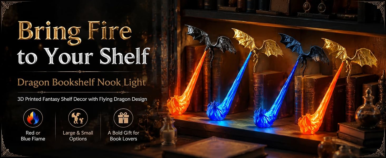 Text reads "Bring Fire to Your Shelf". Three blue flame decorative tabletop fireplace displays with orange fire effect and control panels shown on dark background.