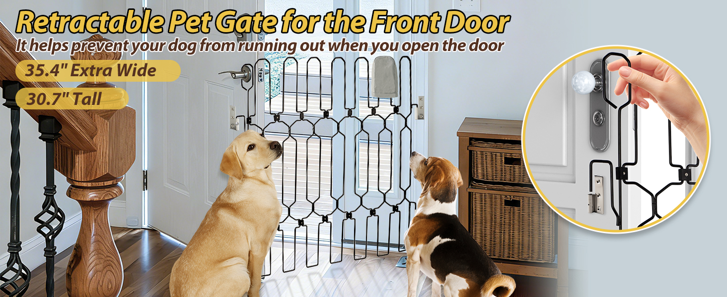 Text reads 'Retractable Pet Gate for the Front Door' with yellow text and product images showing gate installed in doorway, detail views, and installation instructions with circular inset demonstrating usage.