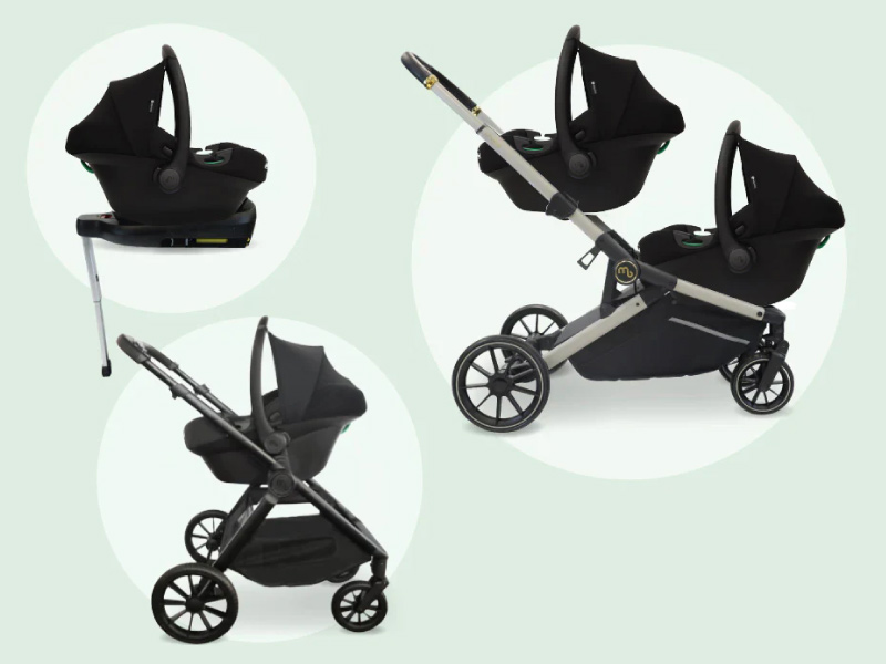 Multiple views of a black baby stroller system, showing different configurations and angles. Features large wheels and adjustable seating positions.