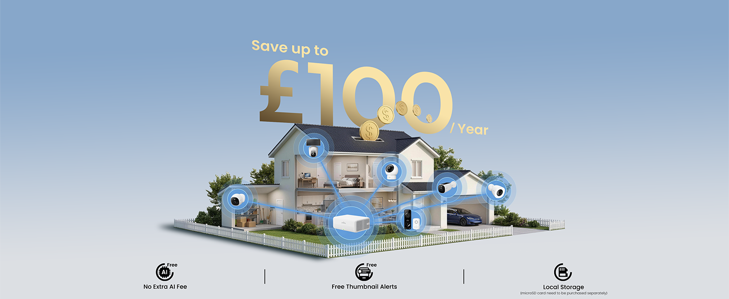Text reads 'Store up to £100'. Promotional graphic showing miniature house surrounded by shopping items, bicycles, and gift boxes against blue sky background advertising savings offer.