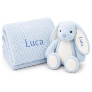 Embroidered Name                                                          Personalised baby bunny gift set 70x100cm waffle fleece blanket embroidered name newborn baby shower christening gift uk