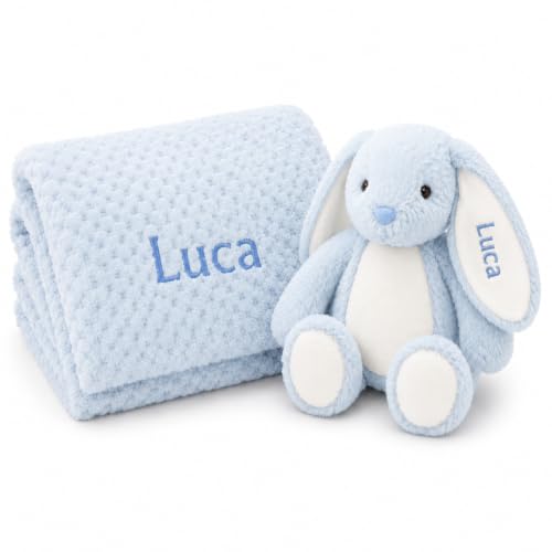 Embroidered Name                                                          Personalised baby bunny gift set 70x100cm waffle fleece blanket embroidered name newborn baby shower christening gift uk