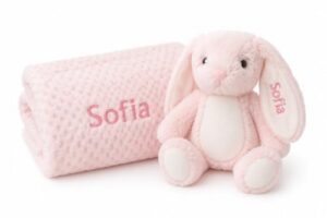 Embroidered Name | Personalised baby bunny gift set 70x100cm waffle fleece blanket embroidered name newborn baby shower christening gift uk