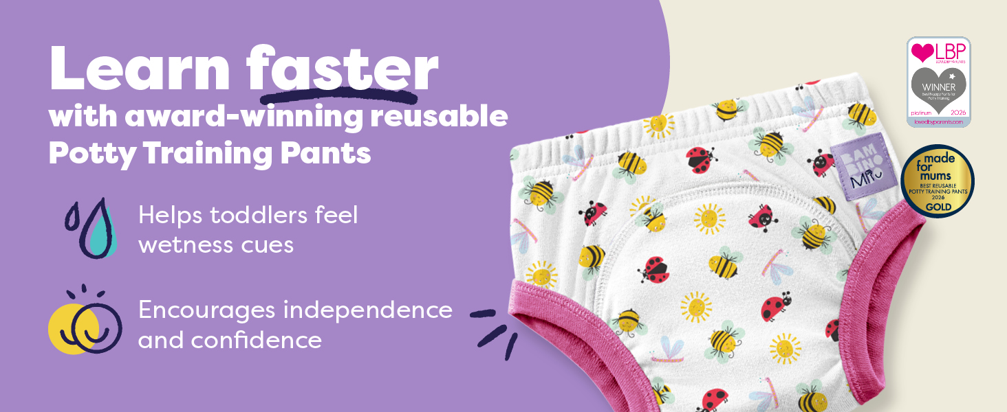 Text reads "Learn faster with award-winning Potty Training Pants. Helps toddlers feel wetness cues. Encourages independence and confidence." Package shows colorful patterned pull-up training pants with product icons.