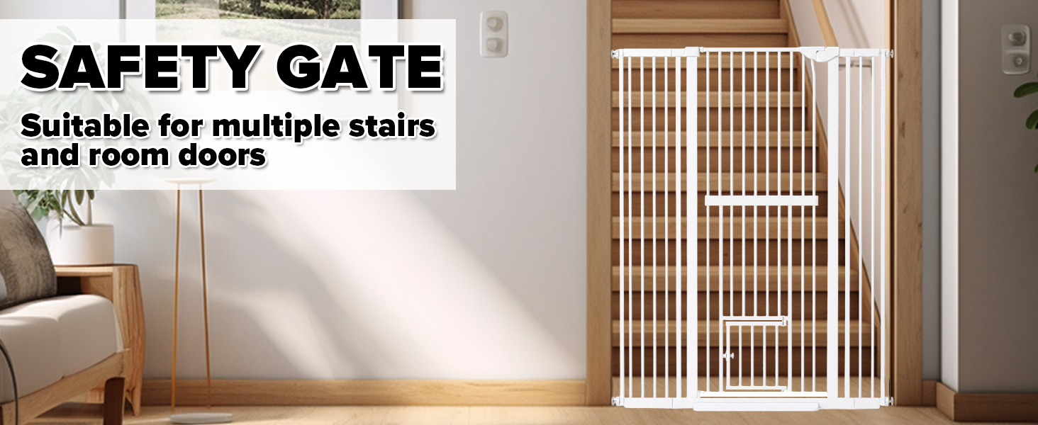 Text reads: 'SAFETY GATE', 'Suitable for multiple stairs and room doors'. White retractable safety gate installed in modern living room doorway. Expandable gate barrier for child safety across various doorway widths and stair openings.