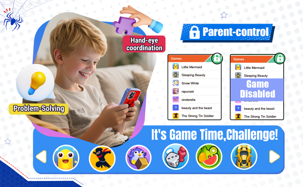 Text reads 'Play Music & Audio Stories That Kids Like' with 'front camera', 'built-in games', 'video player' labels. Pink smartphone device with screen displaying child's photo, surrounded by ID card-style images of children.