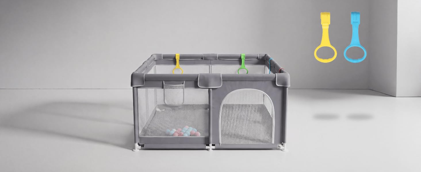 Transparent storage case containing compartments with white accessories, flanked by two colorful carabiner clips in yellow and blue.