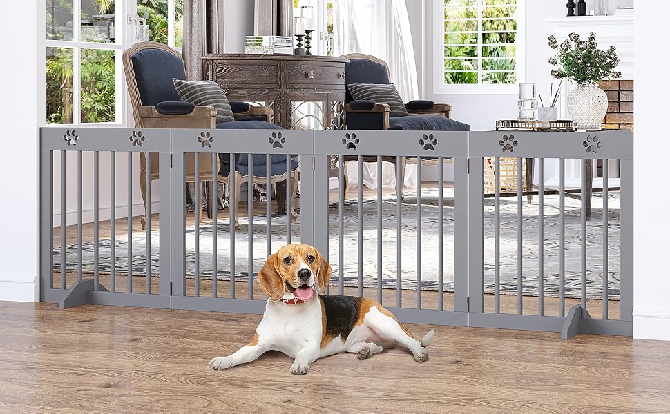 Sequence of outdoor photos showing a gray metal pet gate installed in different locations, demonstrating its use in doorways and outdoor spaces.