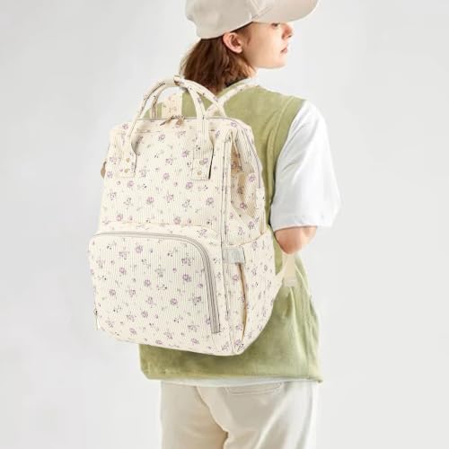 Women Large Nappy Bags for Mom (Beige Corduroy Flowers Purple)