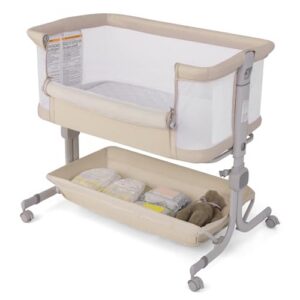 6-Level Heights Adjustable Baby Bassinet Bedside Sleeper for Newborns with Mattress Travel Bag Bottom Storage Basket Lockable Wheels (Beige)