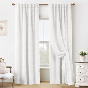 Room Darkening Pom Pom Textured Ruffled Farmhouse Boho French Country Decorative Curtains for Living Room 84 Inches Long