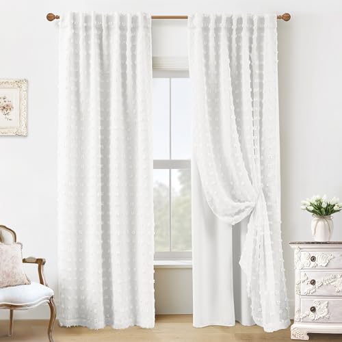 Room Darkening Pom Pom Textured Ruffled Farmhouse Boho French Country Decorative Curtains for Living Room 84 Inches Long