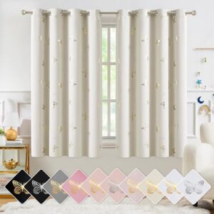 Beige and Gold Print Floral Butterfly Curtains with Black Layer Room Darkening Grommet Window Drapes for Bedroom Girls Room