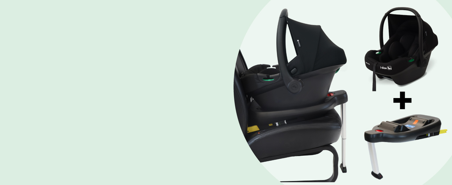 Two black car seat or carrier devices shown with mounting base, identical to Image 2, presented against light mint green background.