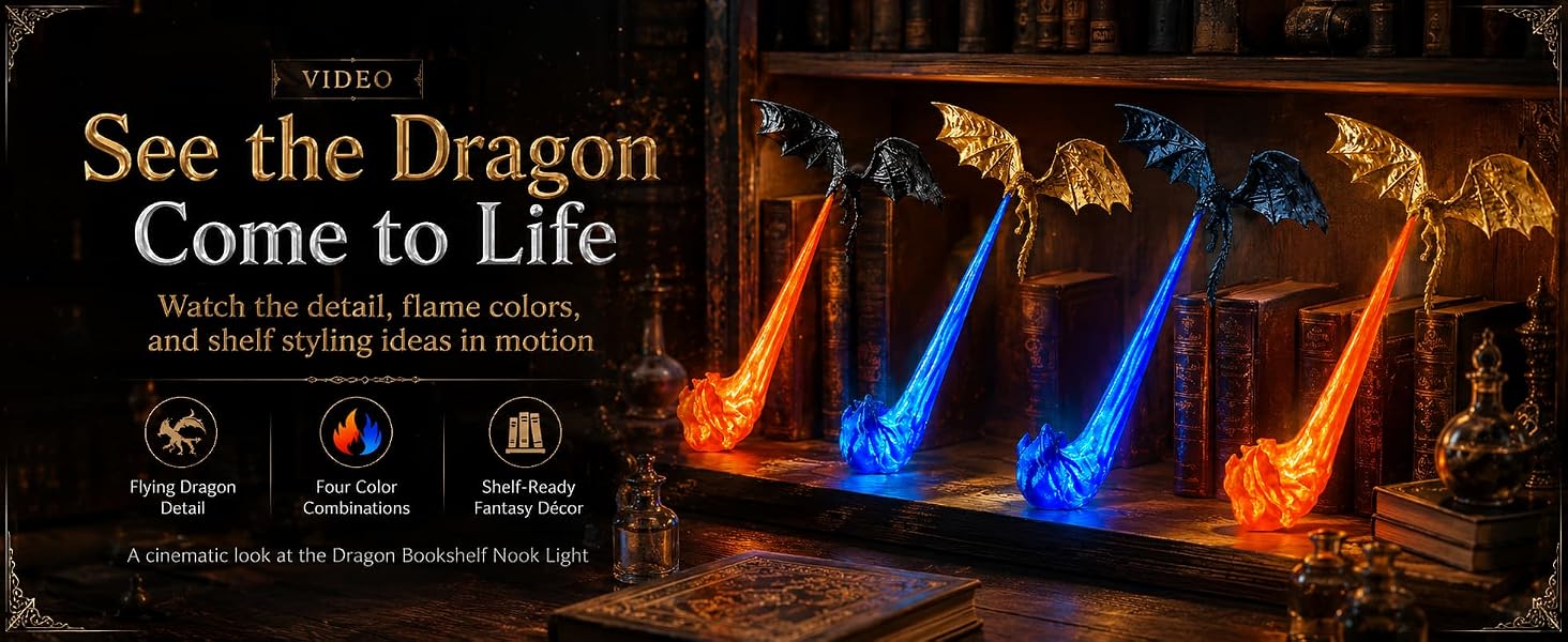 Text reads 'A 5-Star Look for Fantasy Shelves' with five gold stars, showing blue and orange decorative book-shaped objects on shelf display with product rating indicators.