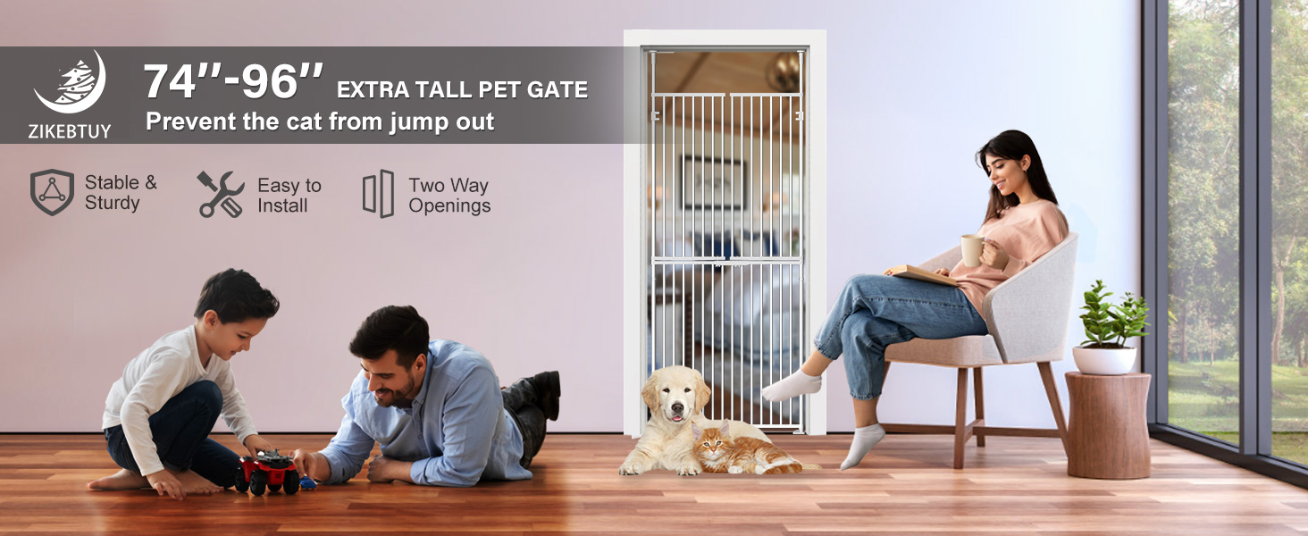 Extra tall pet gate, 74-96 inches, installed in doorway. Features include stable design, easy installation, and two-way opening. Adults and dog shown near gate in home setting.