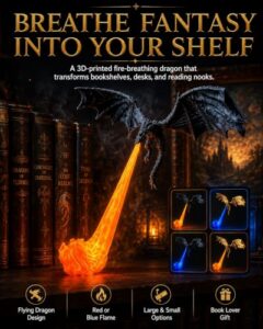 3D Printed Flying Fire-Breathing Bookshelf Decor | Winged Dragon Large and Small Options for Reading Nooks and Book Lovers(Black Dragon+Red Flame