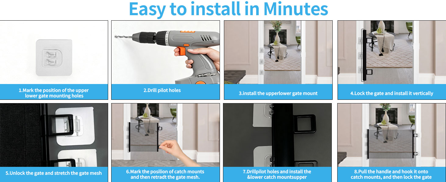 Text reads: 'Easy to install in minutes'. Step-by-step installation guide showing hands mounting a device to wall or surface in multiple frames.