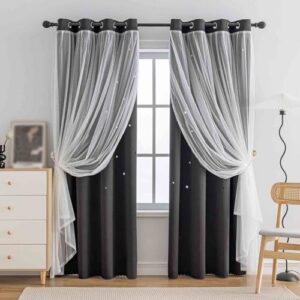 Hollow-Out Stars Window Curtain Double Layer Blackout Curtains for Girls Bedroom Kids Room 2Panel