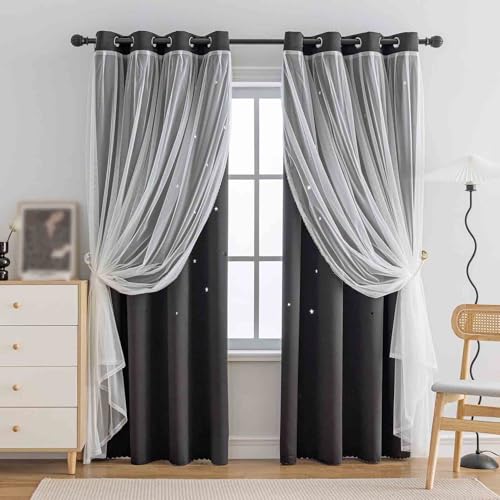 Hollow-Out Stars Window Curtain Double Layer Blackout Curtains for Girls Bedroom Kids Room 2Panel