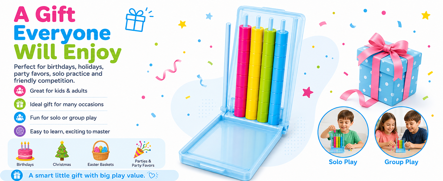 Text reads 'Mini Color Stack Puzzle' with product features listed. Educational stacking puzzle toy with colorful rings/discs in rainbow colors and white base.