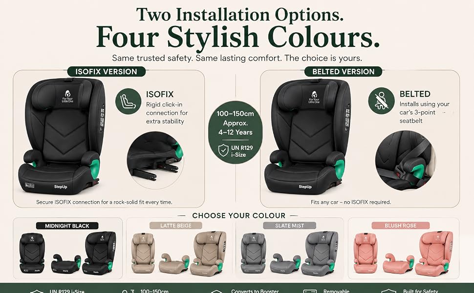 Text reads "One Seat. Years of Comfort." with subtitle about ergonomic design. Woman holding infant in black car seat with specification icons below showing safety features. Section reads "GROWS WITH THEM" with additional product configuration details.