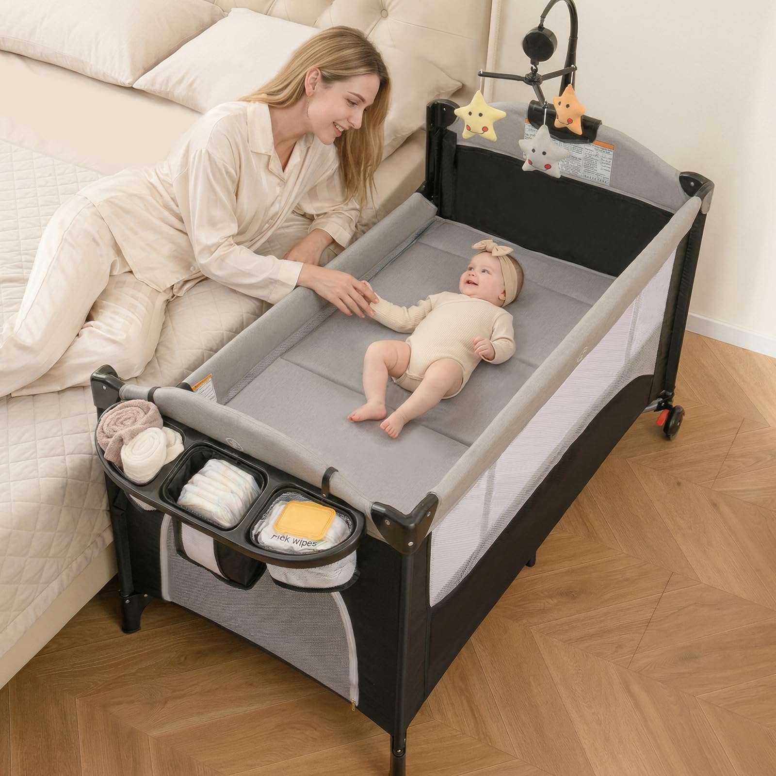 Portable Playard for Newborn Toddlers (Greige)