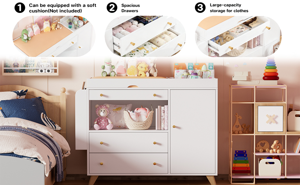 Text reads "Con los equipados with a wifi" with numbered steps 1, 2, 3. Shows furniture pieces including bed with navy pillows, white dresser with display window, and wooden shelving unit with storage containers.