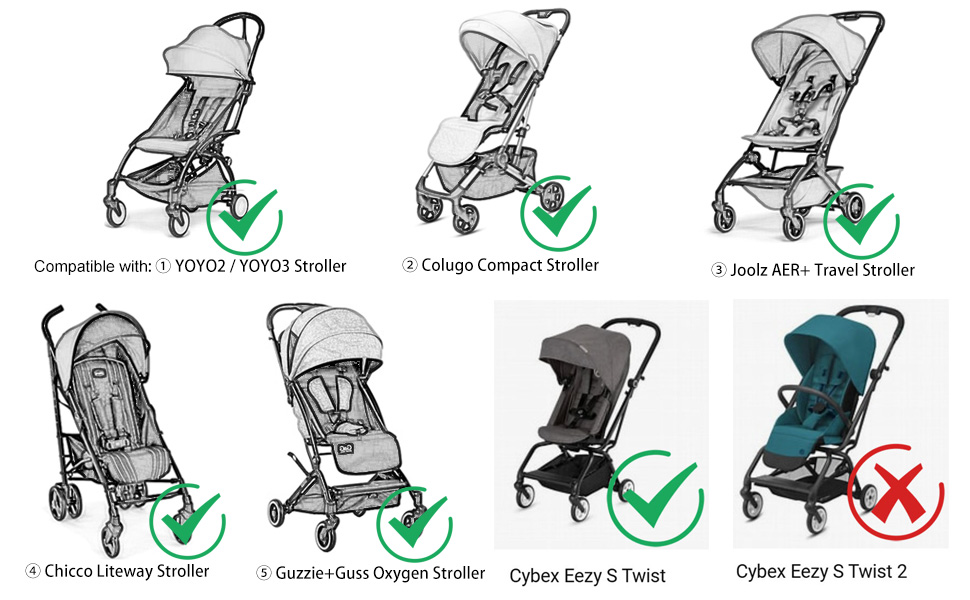 Comparison chart showing different stroller models with checkmarks and X marks, displaying various configurations of lightweight urban strollers in gray and teal colors.