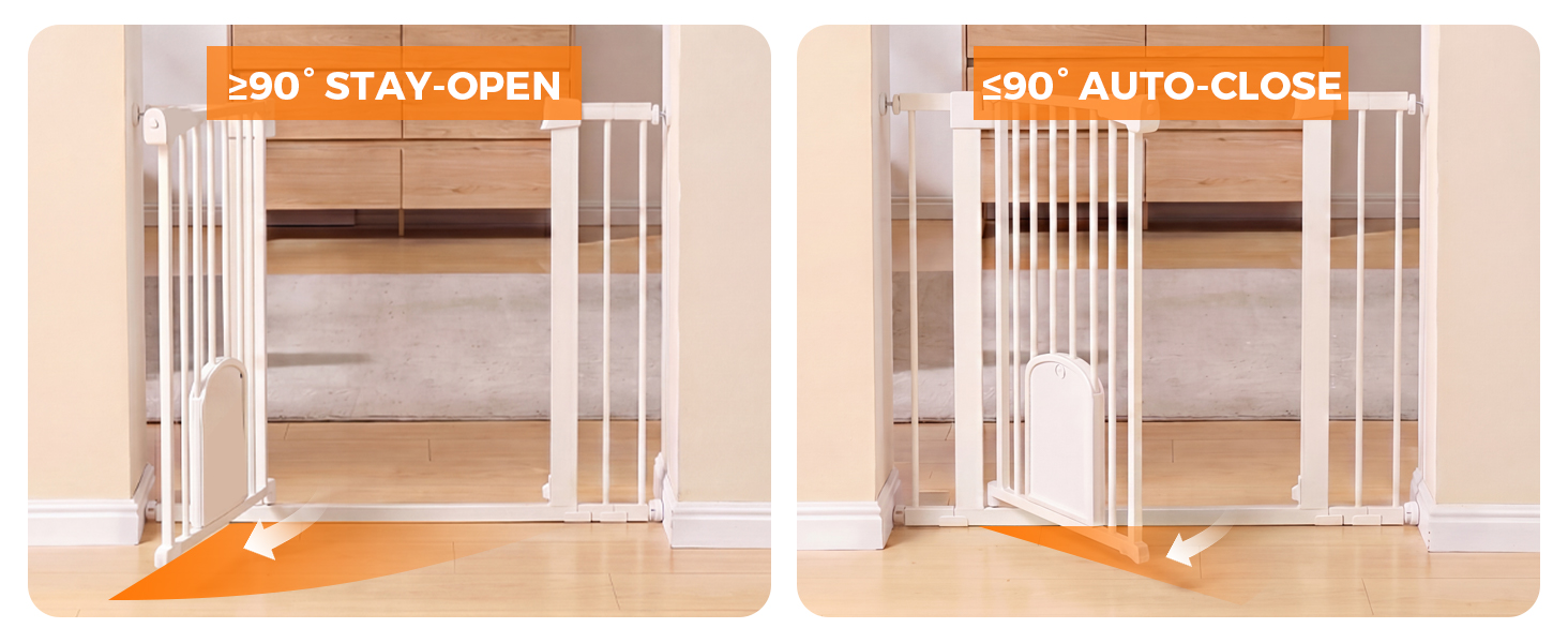 Text reads '90° STAY-OPEN' and '90° AUTO-CLOSE'. Two side-by-side images showing white expandable pet gate in open and closed positions on wooden floor.