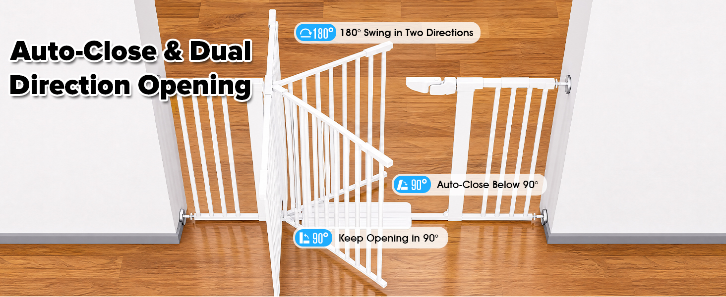 Text reads 'Auto-Close & Dual Direction Opening' with diagram showing white expandable safety gate installation in doorway. Orange labels indicate gate features and opening directions.