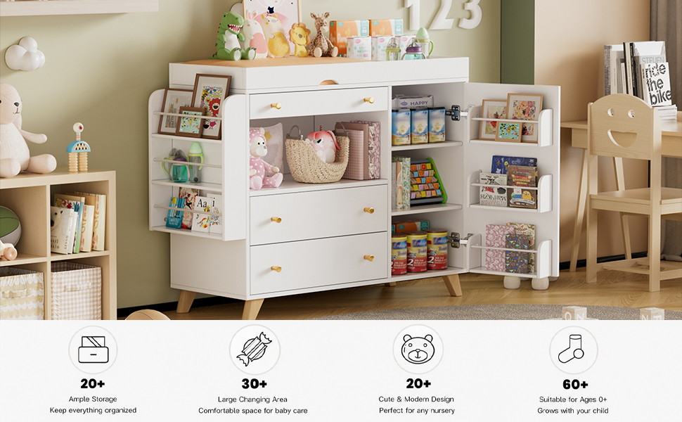 White wooden storage cabinet with open doors displaying organized shelves filled with colorful storage bins, books, and toys. Features multiple compartments, drawers, and side storage. Icons below show '20+' storage options, '50+' capacity, '20+' organization features, and '50+' uses.