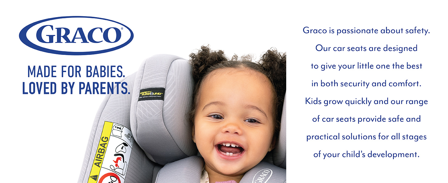 Text reads: 'GRACO MADE FOR BABIES. LOVED BY PARENTS.' Advertisement showing child safety product with text about car seats and safety.