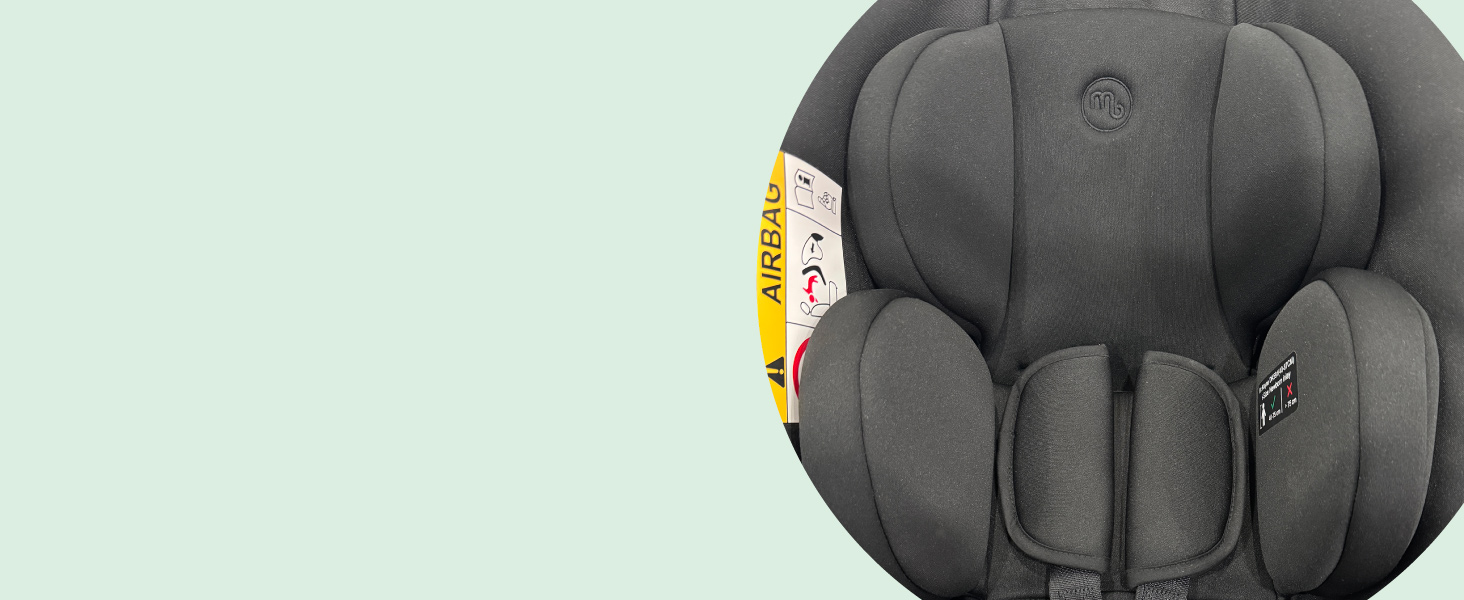 Multiple views of a black padded car seat or child safety seat component, showing contoured cushioning and structured support sections.
