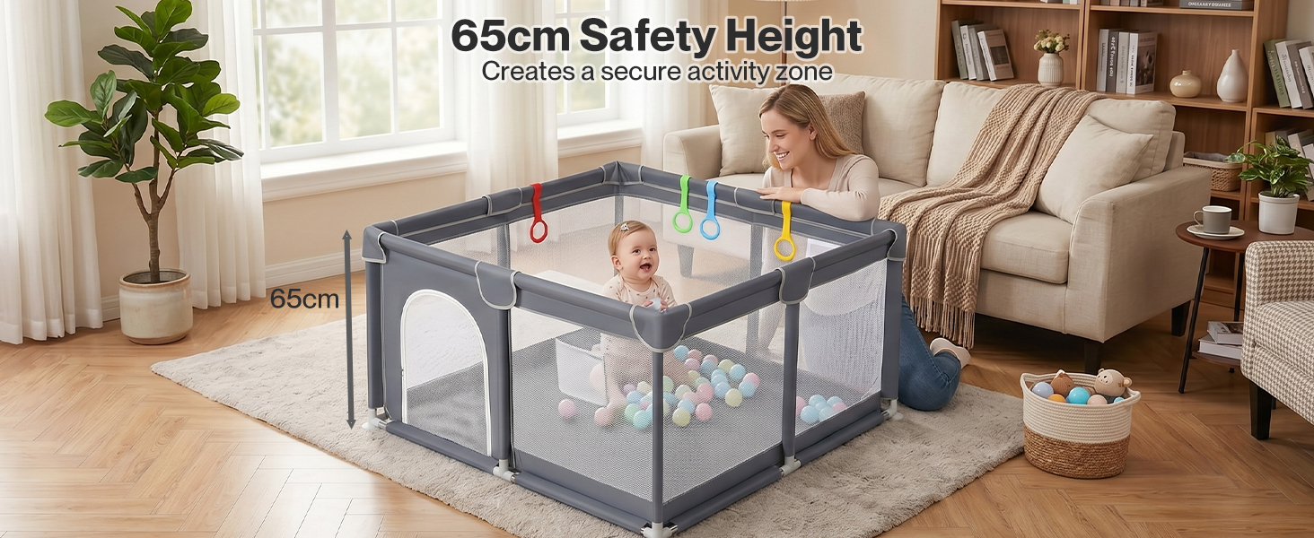 Text reads "Shock Absorbing & Anti-Slip". Gray playpen with mesh sides and patterned floor mat, featuring close-up details of shock-absorbing feet and anti-slip base technology.