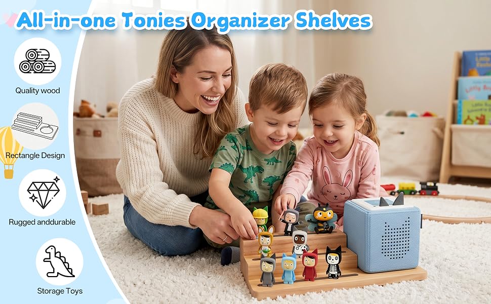 Text reads: 'All-in-one Tonies Organizer Shelves' with feature icons for 'Customizable Design', 'Personalized Design', 'Rugged construction', and 'Storage Tote'. Woman and two children playing with colorful storage blocks on carpet in organized playroom with shelving.