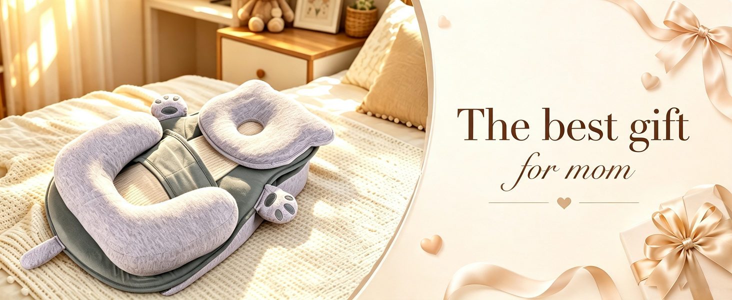 Text reads "The best gift for mom". Beige fabric storage basket or organizer with gray and white patterned interior shown on wooden surface with decorative dried flowers.