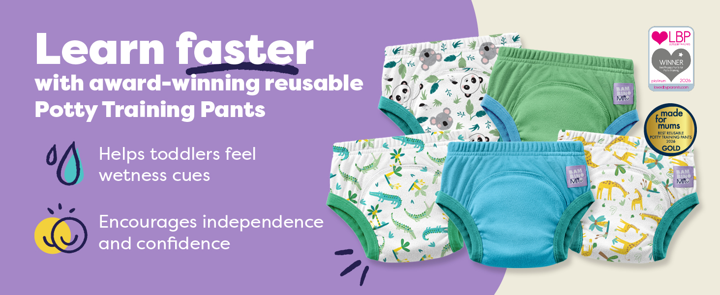 Text reads "Learn faster with award-winning reusable Potty Training Pants", "Helps toddlers feel and learn ease", "Encourages independence and confidence". Purple background with product display showing multiple colorful patterned training pants and packaging.