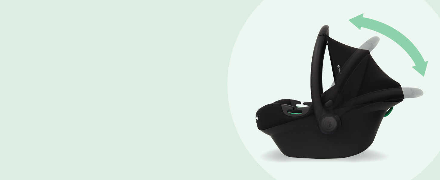 Sequence showing a black car seat or infant carrier rotating, with mint green circular background and directional arrows indicating movement.