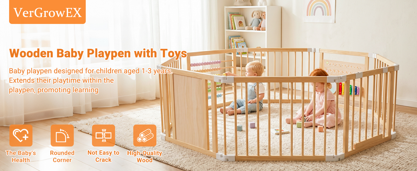 Text reads 'VeecomEX' and 'Wooden Baby Playpen with Toys'. Wooden natural finish baby playpen with mesh sides, shown in light interior room setting with storage cubbies visible.