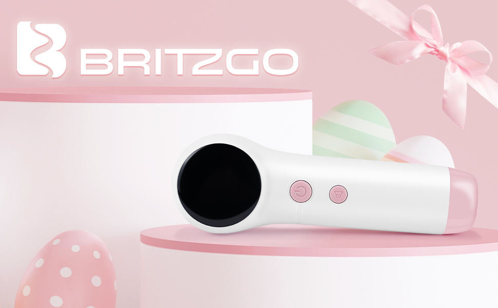 Text reads 'BRITZGO'. Pink-tinted product advertisement background with partial view of white and black device components.