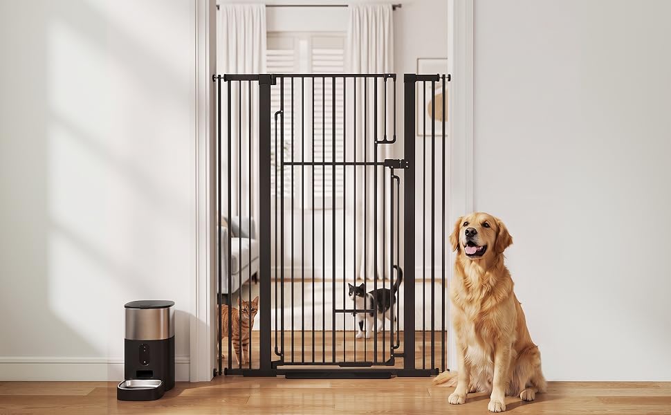 Metal pet gate barrier in silver/gray finish positioned in doorway with golden retriever dog sitting beside it on light wooden floor.