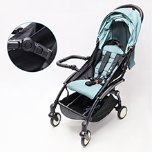 Compact folding stroller with light blue canopy and black frame, shown in a side view against a white background.