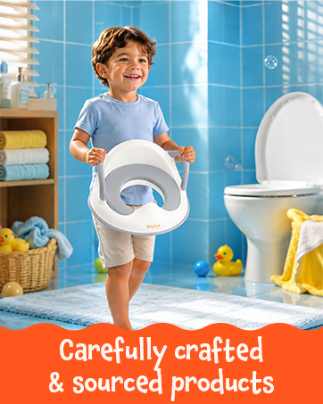Text reads 'Our Story' and 'As a UK family business, we've been developing children of our own and over 20 years of trading experience, we know how important it is to have baby products you can trust. Every Babycurl's product is designed & sourced with safety, practicality, and quality in mind. Helping make family life that little bit easier.' Purple background with decorative stars and circles.