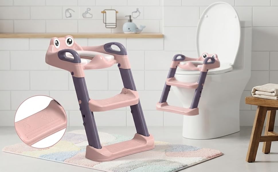 Pink and gray toilet training ladder with three steps, non-slip foot pads, and adjustable seat reducer attachment. Shown in bathroom setting with close-up detail of padded grip.