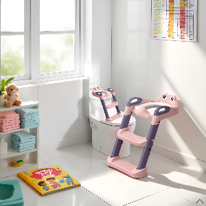 Child seated on pink and purple step stool with white toilet seat, positioned in modern bathroom with gray walls, white cabinetry, and gray curtains.