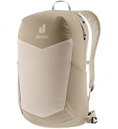 Text reads "deuter". Burgundy and tan hiking backpack with multiple compression straps, padded shoulder harness, ventilated back panel design.