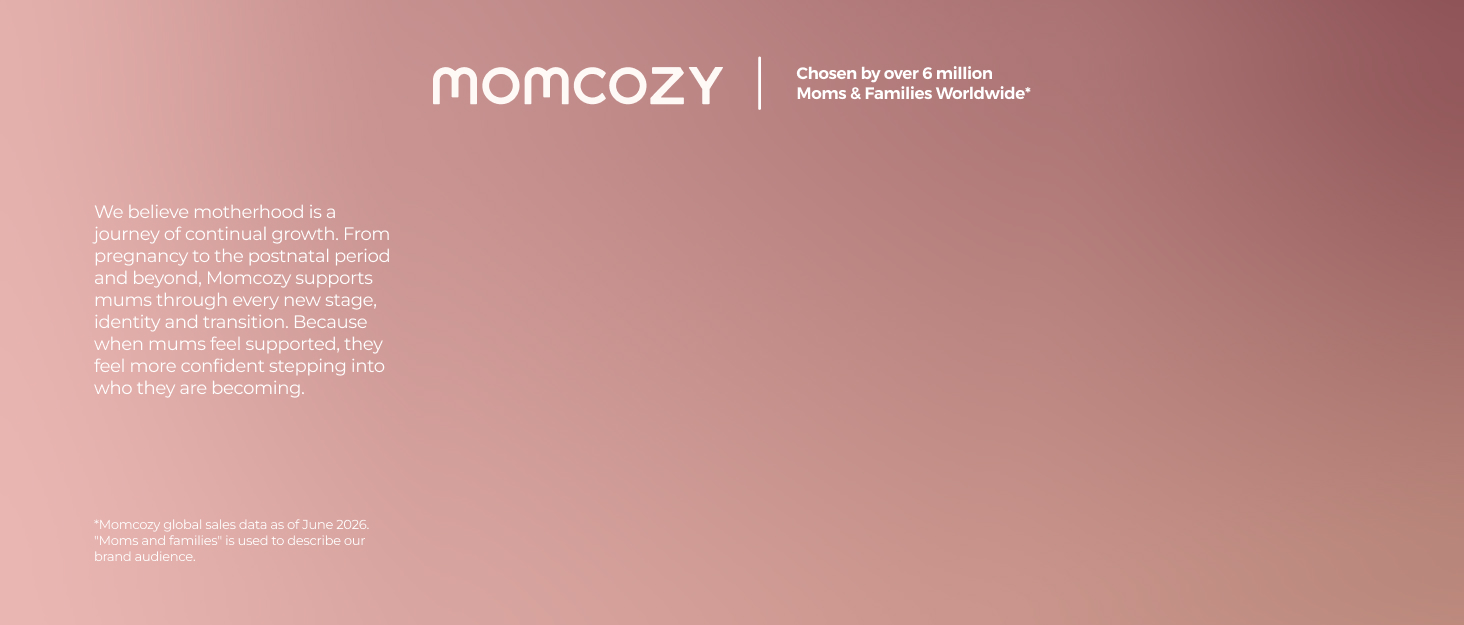 Text reads 'momcozy'. Mauve-toned promotional banner with brand name and descriptive text, details not fully legible in image quality provided.