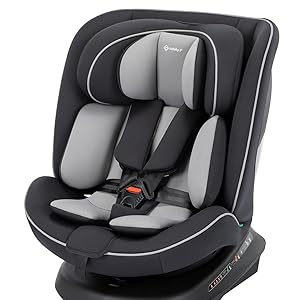 Multiple views of a black and gray child car seat with adjustable headrest and safety features, shown from different angles against white background.