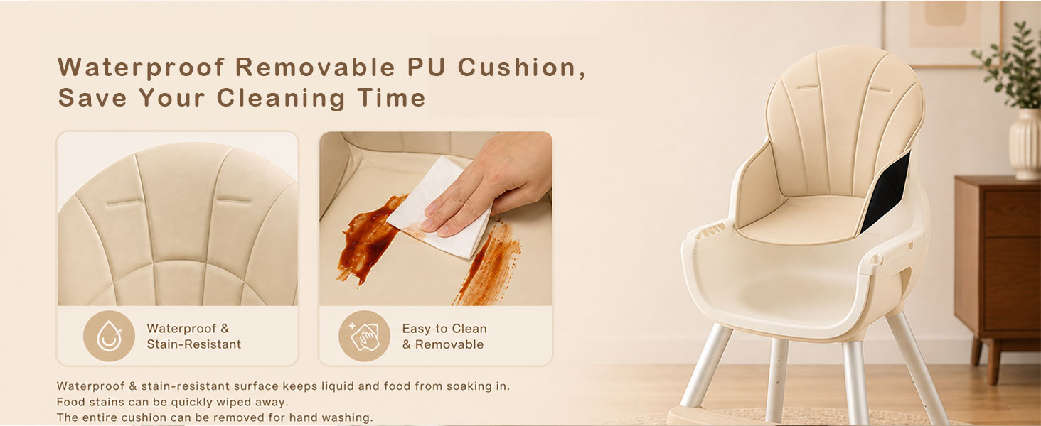 Text reads 'Waterproof Removable PU Cushion, Save Your Cleaning Time' with three instructional icons. Beige modern chair with cushion displayed, showing removable and waterproof design feature.